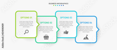 Horizontal progress bar featuring 4 arrow-shaped elements, symbolizing the four stages of business strategy and progression. Clean timeline infographic design template. Vector for presentation