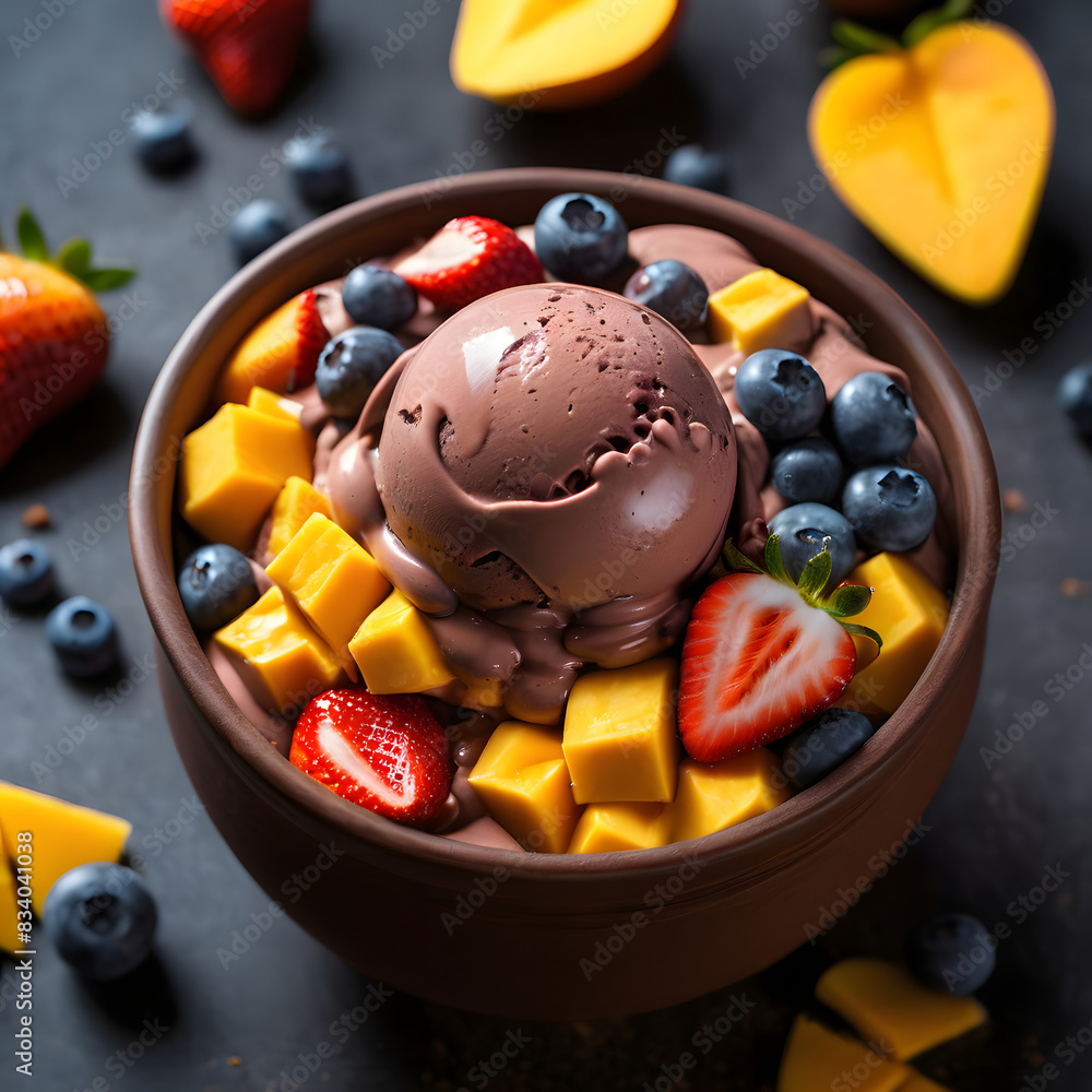 cream with chocolate.
ice cream with fruits and berries. dessert cream with chocolate.
ice cream with fruits and berries. dessert