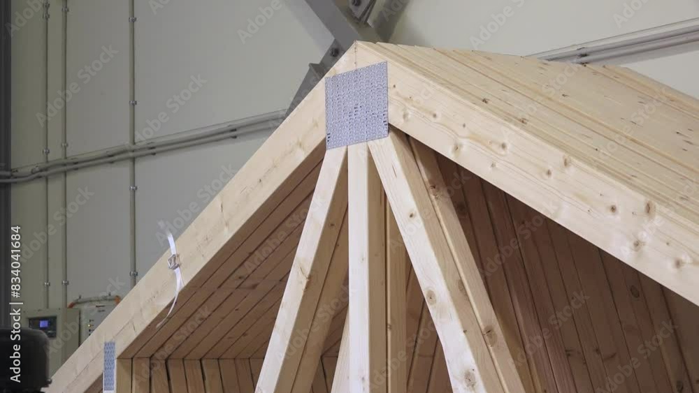 Balvi, Latvia - May 25, 2024 - Wooden roof trusses with metal plates for reinforcement, seen inside a construction workshop, showcasing structural support and assembly. Balvi, Latvia - May 25, 2024 - Wooden roof trusses with metal plates for reinforcement, seen inside a construction workshop, showcasing structural support and assembly.