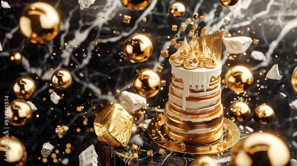 Gold and White Cake With Surrounding Gold Balls Gold and White Cake With Surrounding Gold Balls