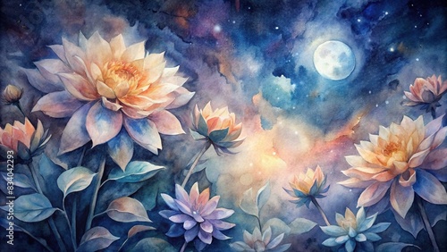 Surreal watercolor painting of Dahlia flowers bathed in moonlight  showcasing a spectrum of colors such as indigo and peach   surreal  beauty  Dahlia flowers  moonlight  watercolor  painting