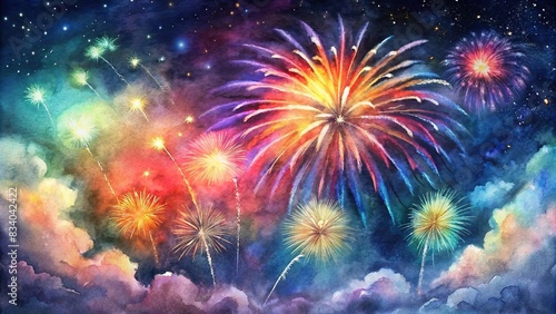 Colorful fireworks display in the night sky for celebrating special occasions like New Year s Eve and 4th of July  fireworks  celebration  explosion  colorful  sky  display  event  festive