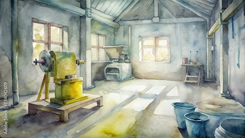 Watercolor painting of an empty workshop with a yellow grinder grinding metal, workshop, industrial, equipment, tools, metalworking, grinding, yellow, grinder, work, craftsmanship photo