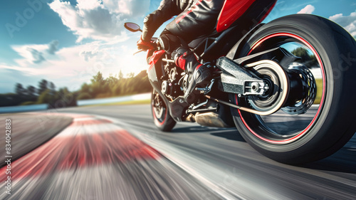 Speeding motion blur of a racing motorcycle taking a turn on a track. photo