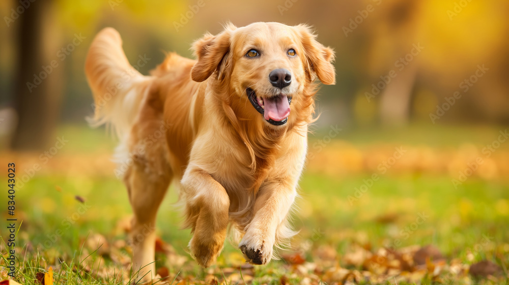 Golden Retriever dog plays and runs in a park an open field with green grass --ar 16:9 Job ID: e3954d9c-8ec5-4a35-8800-662efeb86d77