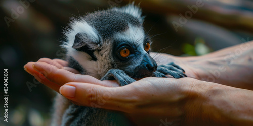 A baby lemur is being held in a person's hand. The baby is looking up at the person with its eyes wide open