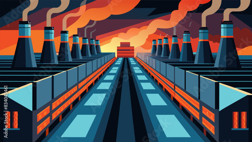 Rows of ovens line the enormous facility each one heating coal to extreme temperatures in order to extract the rich coke within.. Vector illustration