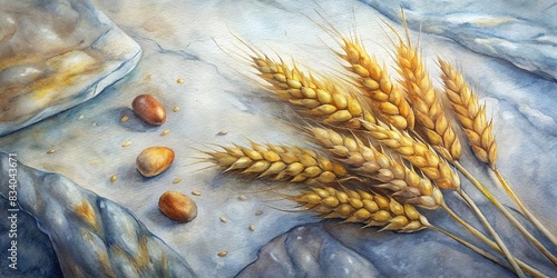 Harvested wheat ears on a stone table top view , wheat, ears, wooden, table, white surface, stone, top view, harvest, agriculture, organic, natural, rustic, farm, grain, cereal, food photo