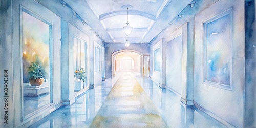 Bright watercolor hallway with white paintings   hallway  paintings  white  bright  watercolor  art  gallery  interior  long  colorful  empty  design  decor  minimalistic  contemporary