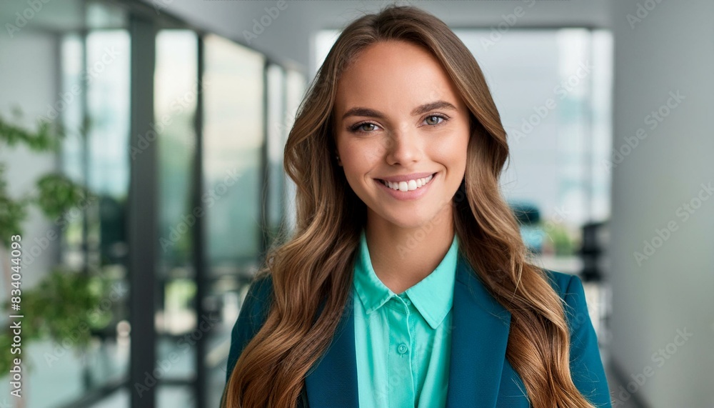 Smiling young caucasian business woman with long hair wearing suit with turquoise blouse on modern business office background