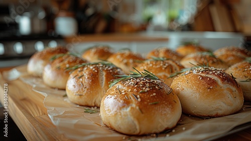  A wooden table covered in sesame-seed rolls and sprinkled with a sprig of rosemary