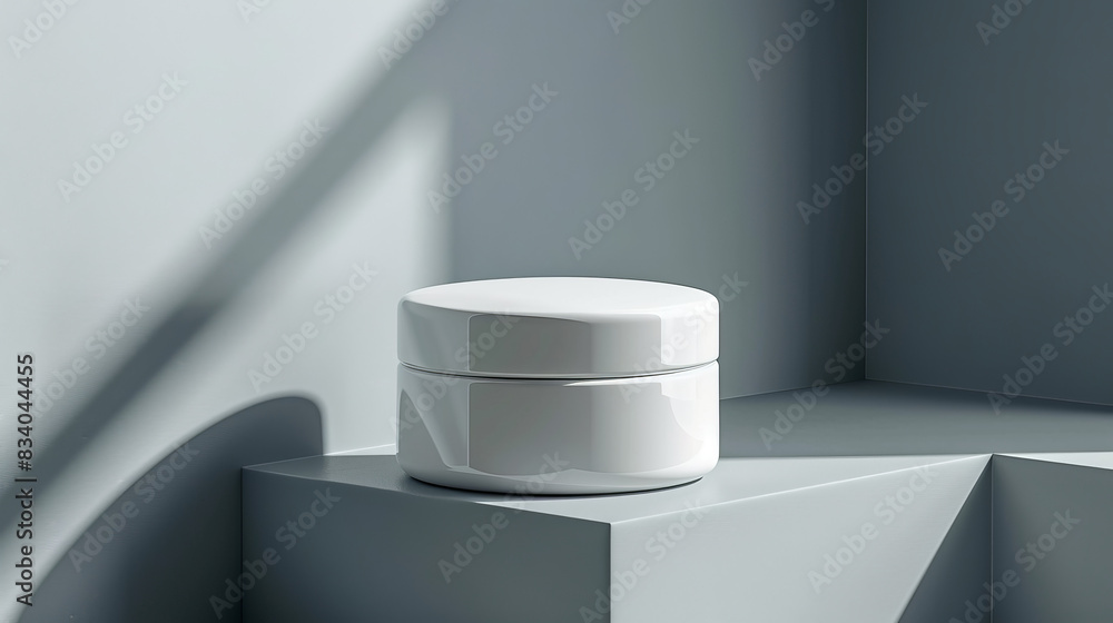 A white jar sits on a grey surface, with a shadow cast on it A white jar sits on a grey surface, with a shadow cast on it