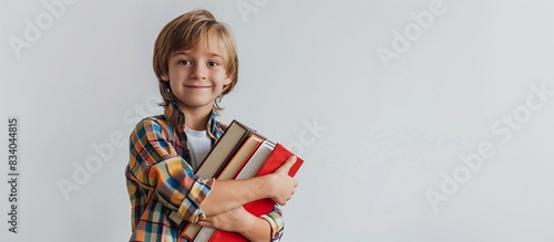 Smart caucasian young boy is holding books in his hands, the schooler is smiling, ready for the school, back to school concept, white background, copy space. photo