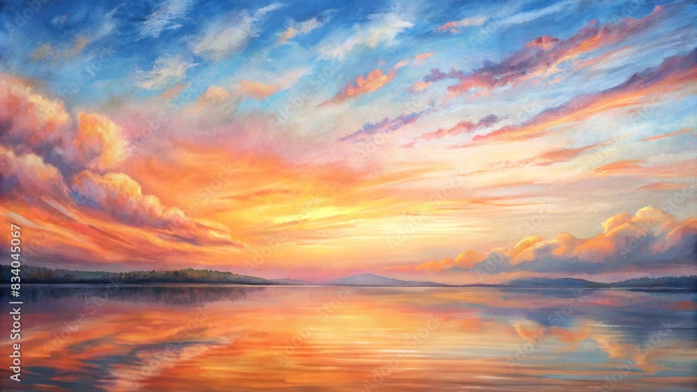 Sky at sunset with orange cirrus clouds and a pink gradient, reflecting off of a calm body of water , sunset, sunrise, clouds, cirrus, cumulus, gradient, background, dusk, twilight