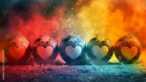 3d of 5 football  soccer balls with hearts on them in the middle  rainbow colors  vibrant colorful dust and particles background  in the style of football fans  love to game  activity  championship