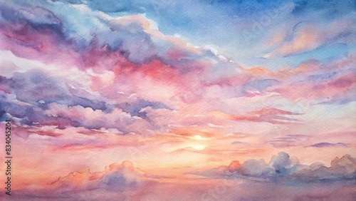 Serene watercolor painting of a pink sky at sunset with cirrus clouds and a gradient sky background , sky, sunset, sunrise, clouds, orange clouds, cirrus clouds, cumulus clouds, sky gradient photo