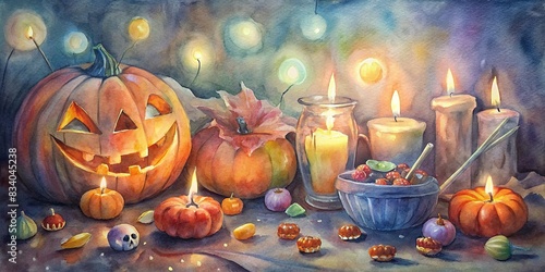 Watercolor painting of Halloween treats and decorations including jack o lanterns, pumpkins, candles, and candies, Halloween, children, autumn, sweets, activities, young girls