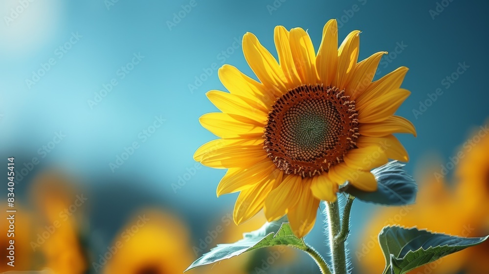 Fototapeta premium A close up of a sunflower with green leaves and blue sky, AI