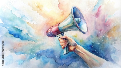 Hand holding megaphone with impactful communication, amplifying messages in watercolor style , communication, megaphone, hand, impact, message, amplify, watercolor, art,announcement, loud photo