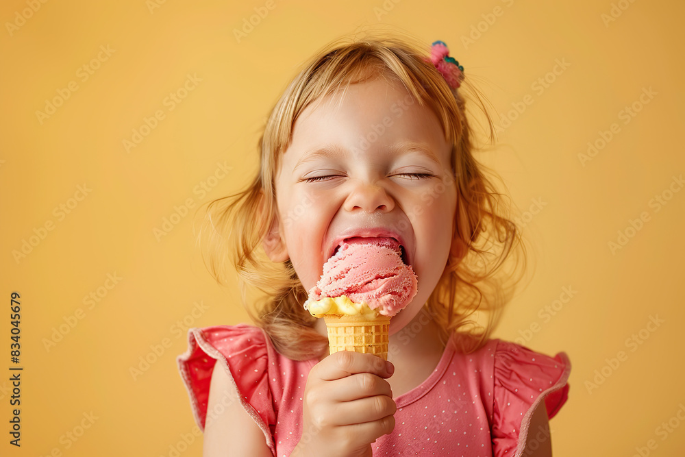 Happy little girl eats ice cream on a hot yellow summer background. Ice cream in a waffle cone for National Ice Cream Day Happy little girl eats ice cream on a hot yellow summer background. Ice cream in a waffle cone for National Ice Cream Day