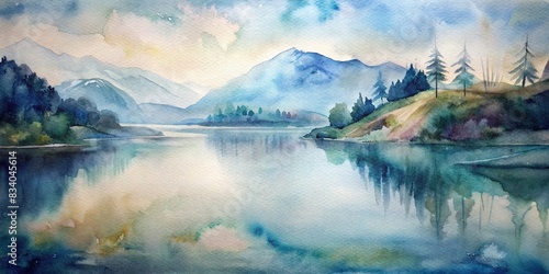 Abstract watercolor painting resembling a tranquil lake scene, watercolor, abstract, illusion, landscape, serene, peaceful, water, blue, green, art, artistic, texture, brush strokes, calm