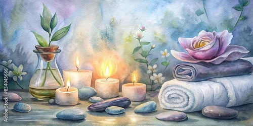 Tranquil retreat scene with soft towels, essential oils, stones, flowers, and candles watercolor , Spa, relaxation, massage, serenity, peaceful, tranquility, wellness, aromatherapy photo