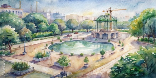 Watercolor painting of a city park being renovated , city park, renovation, watercolor, painting, construction, landscaping, trees, benches, pond, flowers, fountain, grass, peaceful photo