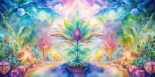 Vibrant watercolor painting of ayahuasca plants and psychedelic patterns , botanical, psychedelic, rainforest, abstract, colorful, spiritual, plant medicine, traditional, indigenous photo