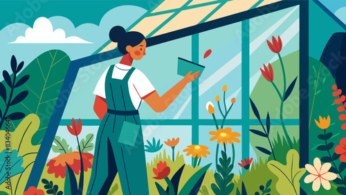With the glass walls of the greenhouse acting as natural frames a painter uses bold strokes of paint to capture the vibrant hues and textures of a. Vector illustration