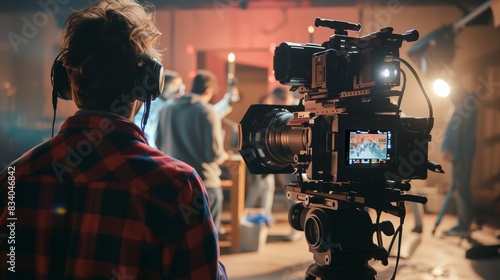 Obraz na płótnie Man Filming Group With Headphones
