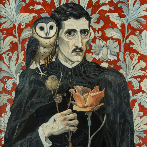 Portrait of a dark gentleman with an owl on his shoulder, floral background vintage