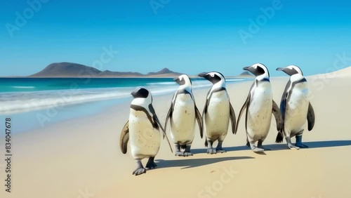 Five African Penguins walk along a sunny beach by the ocean with distant mountains. The clear blue sky and gentle waves create a serene atmosphere. Perfect summer day in South Africa.