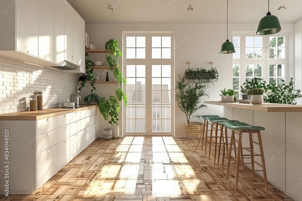 Fototapeta premium Spacious Kitchen With White Cabinets and Green Stools