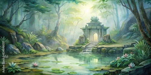 Mysterious jungle with ancient forest temple, moss-covered stone walls, lotus pond, and ethereal glow permeating all watercolor , jungle, temple, ancient, moss, stone walls, lotus pond