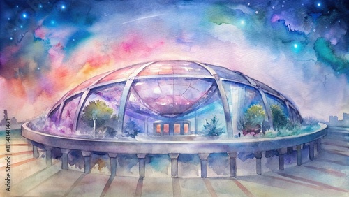Futuristic watercolor of the colossal MSG Sphere arena in Las Vegas, technology, entertainment, immersive, architecture, design, innovation, visual, futuristic, artistic, colorful, vibrant photo