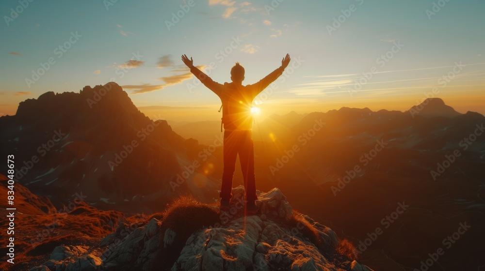 Person on Mountain Top at Sunset