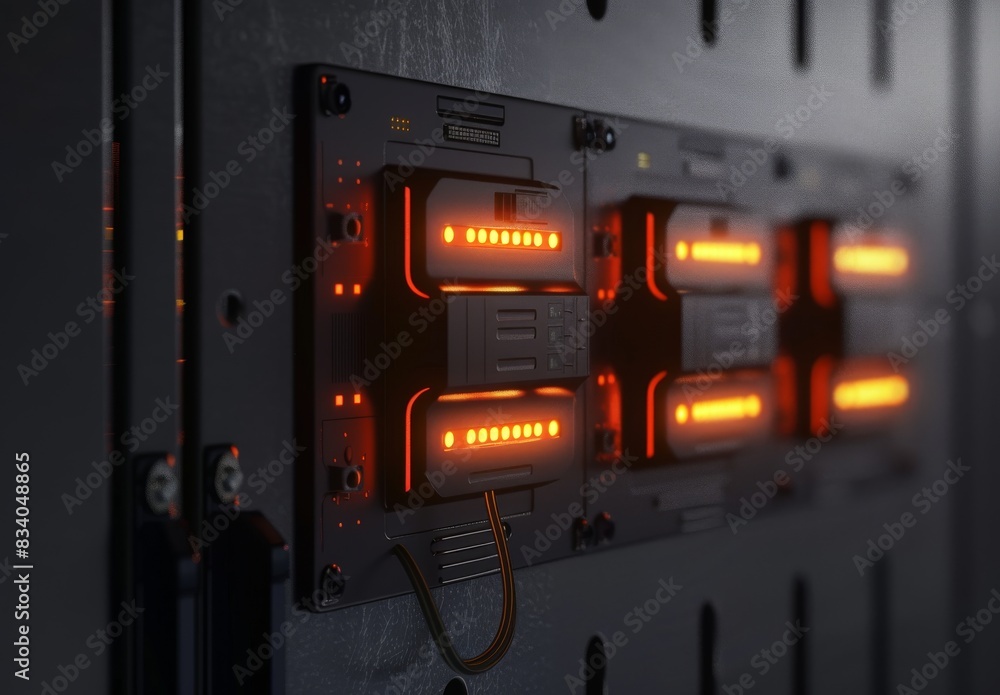 Panel illuminated in server room. Panel illuminated in server room.