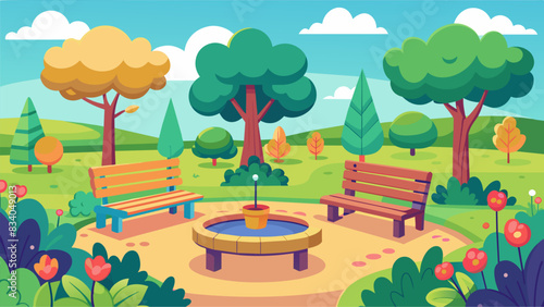 A peaceful park corner transformed into a vibrant community garden complete with benches for residents to relax and enjoy the greenery.. Vector illustration