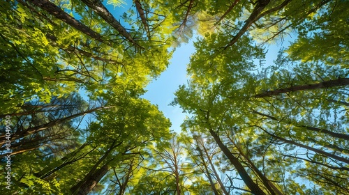 Looking up Green forest. Trees with green Leaves  blue sky and sun light. Bottom view