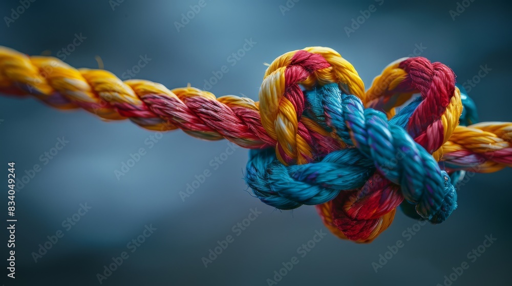 Colorful heart-shaped knot made of twisted rope on a blurred background Colorful heart-shaped knot made of twisted rope on a blurred background