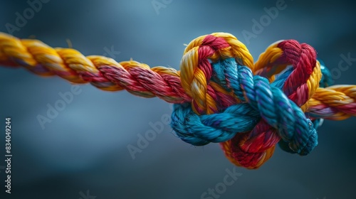 Colorful heart-shaped knot made of twisted rope on a blurred background
