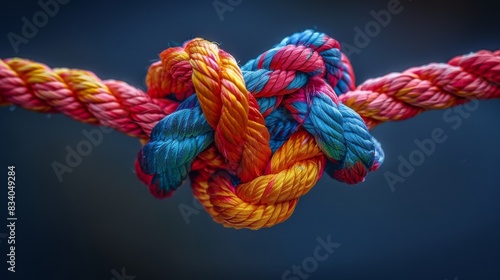 Colorful intertwined rope creating a heart-shaped knot on a dark surface