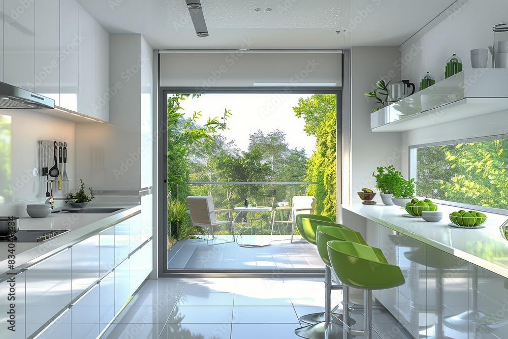 Fototapeta premium Spacious Kitchen With White Cabinets and Green Stools