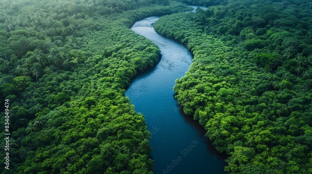 A river runs through a lush green forest in the middle of nowhere, AI A river runs through a lush green forest in the middle of nowhere, AI