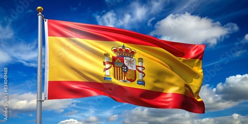 Spanish national flag waving against a bright blue sky with white clouds, symbolizing Spain's pride and heritage.