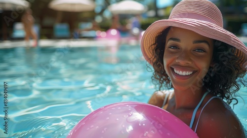 Woman in Hat in Pool With Pink Ball