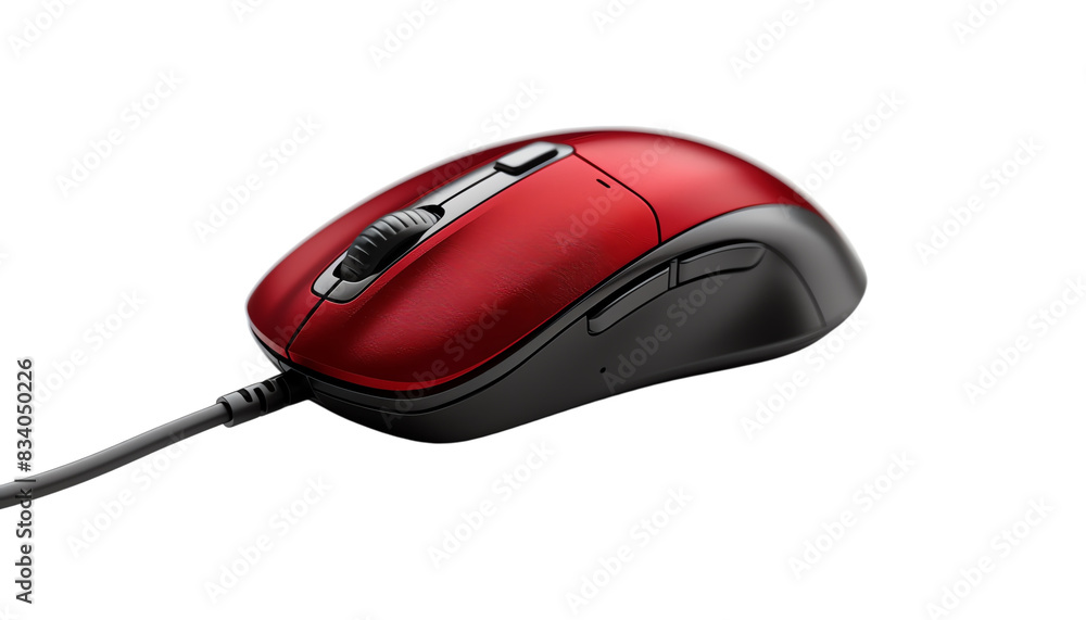 Red ergonomic computer mouse with wire isolated on black background. Red ergonomic computer mouse with wire isolated on black background.