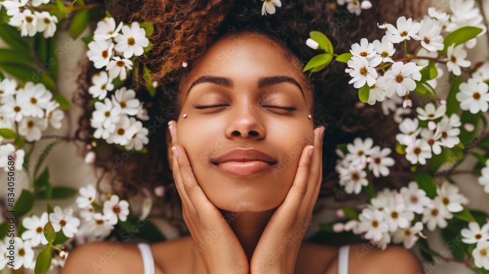 A woman with her face covered in flowers and leaves, AI A woman with her face covered in flowers and leaves, AI