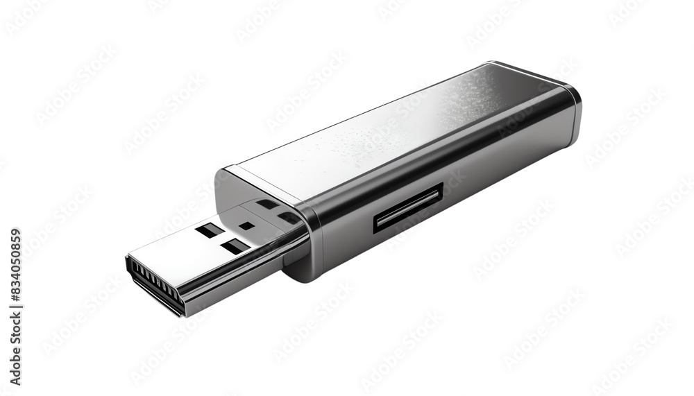 The image shows a silver USB flash drive The image shows a silver USB flash drive