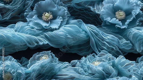  Blue flowers arranged on blue fabric against a black backdrop